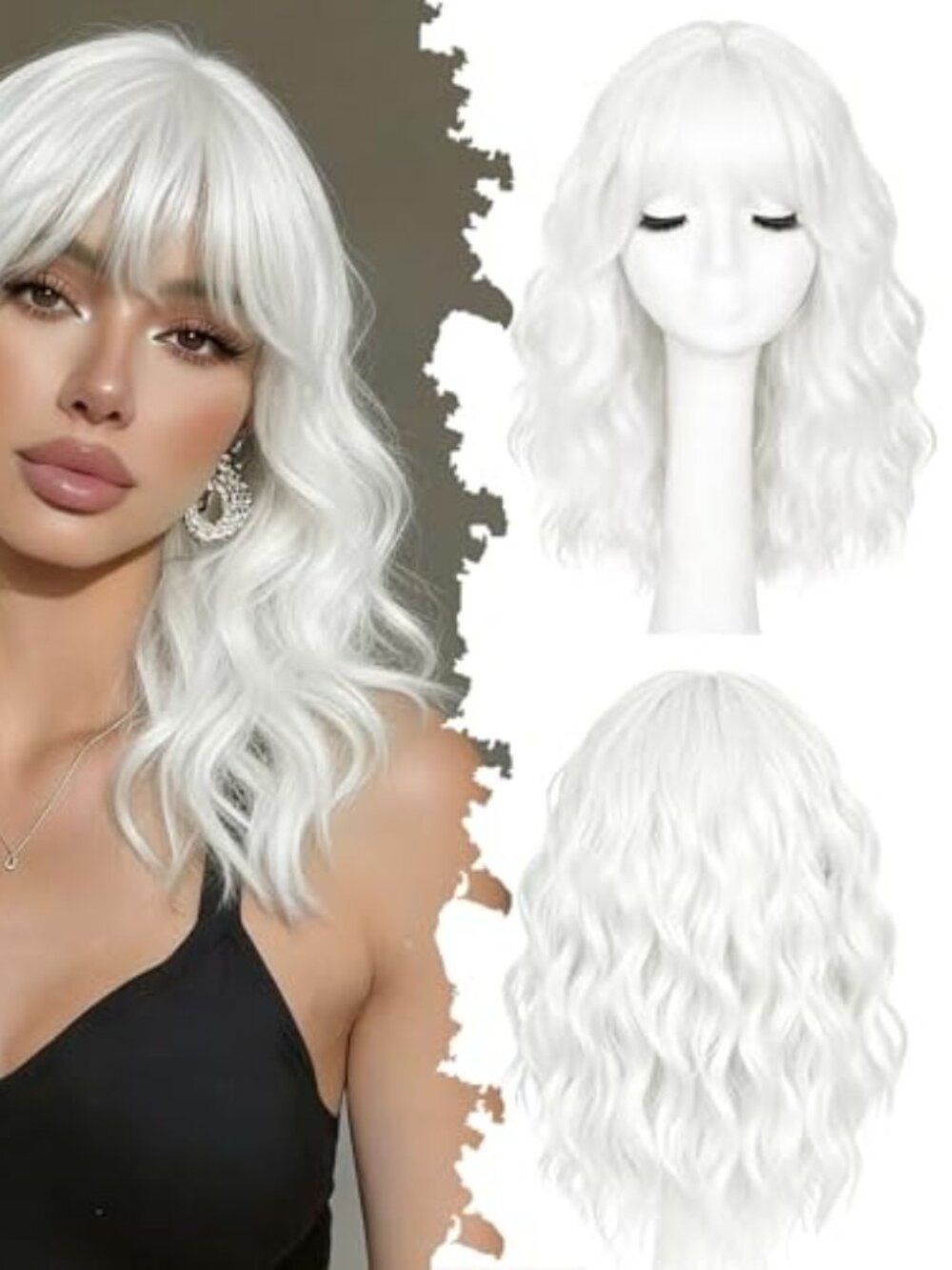 White Wig with Bangs -Short Wavy Wigs for Women Synthetic Funny Women Wigs